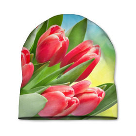 Шапка 3D с принтом Полевые тюльпаны в Белгороде, 100% полиэстер | универсальный размер, печать по всей поверхности изделия | арт | краска | лето | лучи | любовь | новинки | популярные | природа | рисунки | свет | цветы