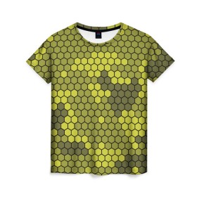 Женская футболка 3D с принтом Кибер камуфляж 8 в Белгороде, 100% полиэфир ( синтетическое хлопкоподобное полотно) | прямой крой, круглый вырез горловины, длина до линии бедер | желтый | соты