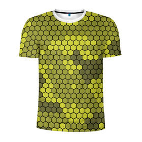 Мужская футболка 3D спортивная с принтом Кибер камуфляж 8 в Белгороде, 100% полиэстер с улучшенными характеристиками | приталенный силуэт, круглая горловина, широкие плечи, сужается к линии бедра | Тематика изображения на принте: желтый | соты