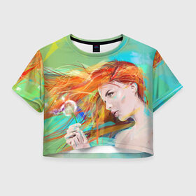 Женская футболка 3D укороченная с принтом Летняя пора в Белгороде, 100% полиэстер | круглая горловина, длина футболки до линии талии, рукава с отворотами | lineking | вектор | волосы на ветру | девушка | краски | модель | одуванчик | рыжая