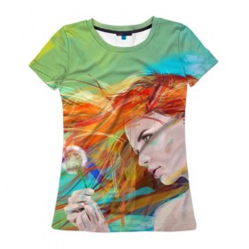 Женская футболка 3D с принтом Летняя пора в Белгороде, 100% полиэфир ( синтетическое хлопкоподобное полотно) | прямой крой, круглый вырез горловины, длина до линии бедер | lineking | вектор | волосы на ветру | девушка | краски | модель | одуванчик | рыжая