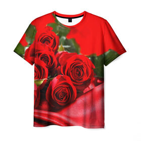 Мужская футболка 3D с принтом Розы в Белгороде, 100% полиэфир | прямой крой, круглый вырез горловины, длина до линии бедер | букет | красная | лепесток | разноцветная | роза | цветок