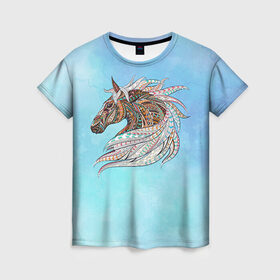 Женская футболка 3D с принтом Конь в Белгороде, 100% полиэфир ( синтетическое хлопкоподобное полотно) | прямой крой, круглый вырез горловины, длина до линии бедер | конь | лошадь