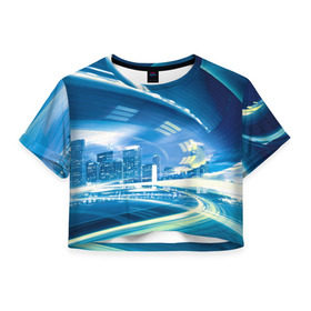 Женская футболка 3D укороченная с принтом Мегаполис в Белгороде, 100% полиэстер | круглая горловина, длина футболки до линии талии, рукава с отворотами | night city | высотки | город | движение | мегаполис | неоновый свет | ночная жизнь | ночной город | огни | поток | столица | трафик