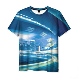 Мужская футболка 3D с принтом Мегаполис в Белгороде, 100% полиэфир | прямой крой, круглый вырез горловины, длина до линии бедер | Тематика изображения на принте: night city | высотки | город | движение | мегаполис | неоновый свет | ночная жизнь | ночной город | огни | поток | столица | трафик