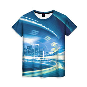 Женская футболка 3D с принтом Мегаполис в Белгороде, 100% полиэфир ( синтетическое хлопкоподобное полотно) | прямой крой, круглый вырез горловины, длина до линии бедер | night city | высотки | город | движение | мегаполис | неоновый свет | ночная жизнь | ночной город | огни | поток | столица | трафик