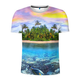Мужская футболка 3D спортивная с принтом Мальдивы в Белгороде, 100% полиэстер с улучшенными характеристиками | приталенный силуэт, круглая горловина, широкие плечи, сужается к линии бедра | загар | каникулы | мальдивские острова | мальдивы | отдых | отпуск | пляж | приключения | солнце | туризм