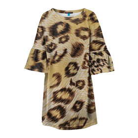 Детское платье 3D с принтом Леопардовая ткань в Белгороде, 100% полиэстер | прямой силуэт, чуть расширенный к низу. Круглая горловина, на рукавах — воланы | Тематика изображения на принте: гепард | гламур | леопард | мода | пятна | роскошь | ткань | точки | шерсть