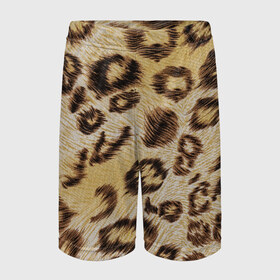 Детские спортивные шорты 3D с принтом Леопардовая ткань в Белгороде,  100% полиэстер
 | пояс оформлен широкой мягкой резинкой, ткань тянется
 | Тематика изображения на принте: гепард | гламур | леопард | мода | пятна | роскошь | ткань | точки | шерсть