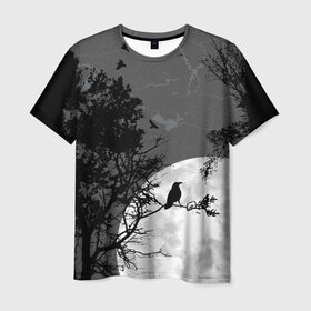 Мужская футболка 3D с принтом Черный ворон в Белгороде, 100% полиэфир | прямой крой, круглый вырез горловины, длина до линии бедер | ворон | луна | новинки | ночь | полнолуние | природа | птица