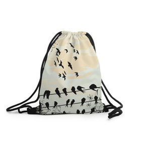 Рюкзак-мешок 3D с принтом Темная стая в Белгороде, 100% полиэстер | плотность ткани — 200 г/м2, размер — 35 х 45 см; лямки — толстые шнурки, застежка на шнуровке, без карманов и подкладки | ворон | закат | ласточки | новинки | популярное | птицы | темнота