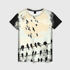 Женская футболка 3D с принтом Темная стая в Белгороде, 100% полиэфир ( синтетическое хлопкоподобное полотно) | прямой крой, круглый вырез горловины, длина до линии бедер | ворон | закат | ласточки | новинки | популярное | птицы | темнота