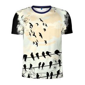 Мужская футболка 3D спортивная с принтом Темная стая в Белгороде, 100% полиэстер с улучшенными характеристиками | приталенный силуэт, круглая горловина, широкие плечи, сужается к линии бедра | ворон | закат | ласточки | новинки | популярное | птицы | темнота