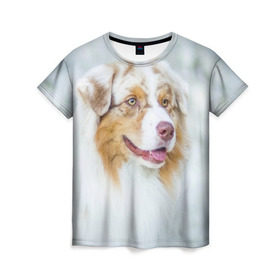 Женская футболка 3D с принтом Австралийская овчарка в Белгороде, 100% полиэфир ( синтетическое хлопкоподобное полотно) | прямой крой, круглый вырез горловины, длина до линии бедер | австралийская овчарка | животные | природа | собака | щенок
