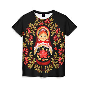Женская футболка 3D с принтом Матрешка в Белгороде, 100% полиэфир ( синтетическое хлопкоподобное полотно) | прямой крой, круглый вырез горловины, длина до линии бедер | flowers | matryoshka | russian | роспись | русская | цветы