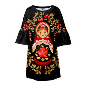 Детское платье 3D с принтом Матрешка в Белгороде, 100% полиэстер | прямой силуэт, чуть расширенный к низу. Круглая горловина, на рукавах — воланы | Тематика изображения на принте: flowers | matryoshka | russian | роспись | русская | цветы