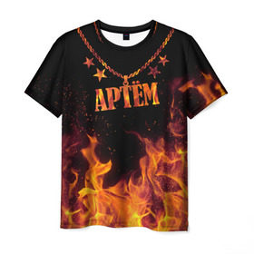 Мужская футболка 3D с принтом Артём в Белгороде, 100% полиэфир | прямой крой, круглый вырез горловины, длина до линии бедер | artem | black background | chain | fire | name | stars | артём | звезды | имя | огонь | цепь | черный фон