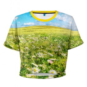 Женская футболка 3D укороченная с принтом Ромашковый ковёр в Белгороде, 100% полиэстер | круглая горловина, длина футболки до линии талии, рукава с отворотами | горизонт | зелень | небо | облака | поле | поляна | ромашки | солнце | цветы