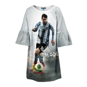 Детское платье 3D с принтом Leo Messi в Белгороде, 100% полиэстер | прямой силуэт, чуть расширенный к низу. Круглая горловина, на рукавах — воланы | Тематика изображения на принте: barselona | messi | аргентина | барселона | месси | мяч | футбол
