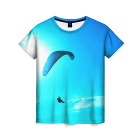 Женская футболка 3D с принтом Прыжок в Белгороде, 100% полиэфир ( синтетическое хлопкоподобное полотно) | прямой крой, круглый вырез горловины, длина до линии бедер | парашют | прыжок | синяя