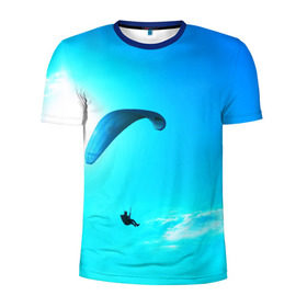 Мужская футболка 3D спортивная с принтом Прыжок в Белгороде, 100% полиэстер с улучшенными характеристиками | приталенный силуэт, круглая горловина, широкие плечи, сужается к линии бедра | Тематика изображения на принте: парашют | прыжок | синяя