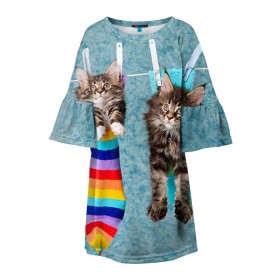 Детское платье 3D с принтом Мейн-кун 1 в Белгороде, 100% полиэстер | прямой силуэт, чуть расширенный к низу. Круглая горловина, на рукавах — воланы | Тематика изображения на принте: кот | котенок | котик | котэ | кошка | мейн кун | мейнкун | мэйн кун | мэйнкун