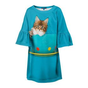 Детское платье 3D с принтом Мейн-кун 4 в Белгороде, 100% полиэстер | прямой силуэт, чуть расширенный к низу. Круглая горловина, на рукавах — воланы | кот | котенок | котик | котэ | кошка | мейн кун | мейнкун | мэйн кун | мэйнкун