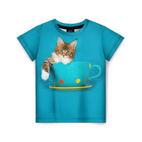 Детская футболка 3D с принтом Мейн-кун 4 в Белгороде, 100% гипоаллергенный полиэфир | прямой крой, круглый вырез горловины, длина до линии бедер, чуть спущенное плечо, ткань немного тянется | Тематика изображения на принте: кот | котенок | котик | котэ | кошка | мейн кун | мейнкун | мэйн кун | мэйнкун