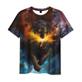 Мужская футболка 3D с принтом Космоволк в Белгороде, 100% полиэфир | прямой крой, круглый вырез горловины, длина до линии бедер | волк | вселенная | галактика | звёзды | космос | оскал | пламя | созвездие