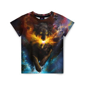 Детская футболка 3D с принтом Космоволк в Белгороде, 100% гипоаллергенный полиэфир | прямой крой, круглый вырез горловины, длина до линии бедер, чуть спущенное плечо, ткань немного тянется | волк | вселенная | галактика | звёзды | космос | оскал | пламя | созвездие