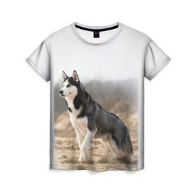 Женская футболка 3D с принтом Хаски в Белгороде, 100% полиэфир ( синтетическое хлопкоподобное полотно) | прямой крой, круглый вырез горловины, длина до линии бедер | dog | husky | siberia | север | сибирь | собака | хаски