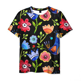 Мужская футболка 3D с принтом цветочный принт в Белгороде, 100% полиэфир | прямой крой, круглый вырез горловины, длина до линии бедер | акварель | графика | зелень | лес | лето | листья | принт | рисунок | цветок