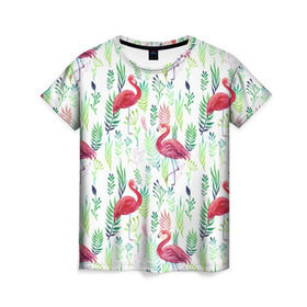 Женская футболка 3D с принтом Цветы и бабочки 2 в Белгороде, 100% полиэфир ( синтетическое хлопкоподобное полотно) | прямой крой, круглый вырез горловины, длина до линии бедер | растения | фламинго