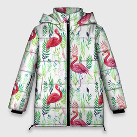 Женская зимняя куртка 3D с принтом Цветы и фламинго 2 в Белгороде, верх — 100% полиэстер; подкладка — 100% полиэстер; утеплитель — 100% полиэстер | длина ниже бедра, силуэт Оверсайз. Есть воротник-стойка, отстегивающийся капюшон и ветрозащитная планка. 

Боковые карманы с листочкой на кнопках и внутренний карман на молнии | растения | фламинго