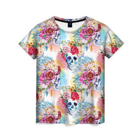 Женская футболка 3D с принтом Цветы и бабочки 5 в Белгороде, 100% полиэфир ( синтетическое хлопкоподобное полотно) | прямой крой, круглый вырез горловины, длина до линии бедер | акварель | нежный | паттерн | цветочек | цветочный