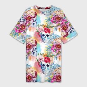 Платье-футболка 3D с принтом Цветы и бабочки 5 в Белгороде,  |  | акварель | нежный | паттерн | цветочек | цветочный