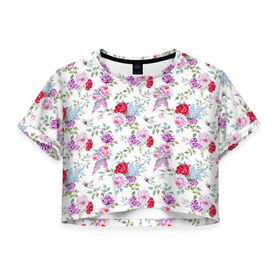 Женская футболка 3D укороченная с принтом Цветы и бабочки 8 в Белгороде, 100% полиэстер | круглая горловина, длина футболки до линии талии, рукава с отворотами | акварель | бабочка | нежный | рисунок | роза | сирень | цветочек | цветочный | цветы