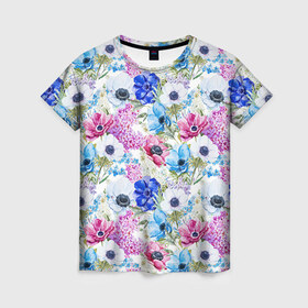 Женская футболка 3D с принтом Цветы и бабочки 9 в Белгороде, 100% полиэфир ( синтетическое хлопкоподобное полотно) | прямой крой, круглый вырез горловины, длина до линии бедер | акварель | нежный | паттерн | цветочек | цветочный