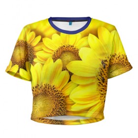 Женская футболка 3D укороченная с принтом Подсолнухи в Белгороде, 100% полиэстер | круглая горловина, длина футболки до линии талии, рукава с отворотами | 