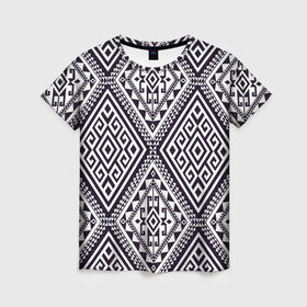 Женская футболка 3D с принтом Тартан в Белгороде, 100% полиэфир ( синтетическое хлопкоподобное полотно) | прямой крой, круглый вырез горловины, длина до линии бедер | орнамент | черно белый | этно