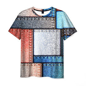 Мужская футболка 3D с принтом Джинсовый стиль в Белгороде, 100% полиэфир | прямой крой, круглый вырез горловины, длина до линии бедер | Тематика изображения на принте: заплатки | разноцветный | текстура | ткань