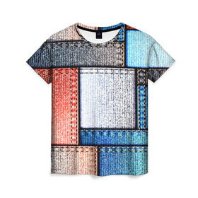 Женская футболка 3D с принтом Джинсовый стиль в Белгороде, 100% полиэфир ( синтетическое хлопкоподобное полотно) | прямой крой, круглый вырез горловины, длина до линии бедер | Тематика изображения на принте: заплатки | разноцветный | текстура | ткань