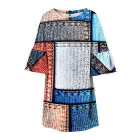 Детское платье 3D с принтом Джинсовый стиль в Белгороде, 100% полиэстер | прямой силуэт, чуть расширенный к низу. Круглая горловина, на рукавах — воланы | Тематика изображения на принте: заплатки | разноцветный | текстура | ткань