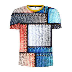 Мужская футболка 3D спортивная с принтом Джинсовый стиль в Белгороде, 100% полиэстер с улучшенными характеристиками | приталенный силуэт, круглая горловина, широкие плечи, сужается к линии бедра | заплатки | разноцветный | текстура | ткань