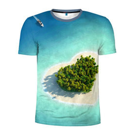 Мужская футболка 3D спортивная с принтом Остров в Белгороде, 100% полиэстер с улучшенными характеристиками | приталенный силуэт, круглая горловина, широкие плечи, сужается к линии бедра | вода | дерево | лето | море | океан | остров | пальмы | песок | сердечко | сердце | синий