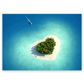 Поздравительная открытка с принтом Остров в Белгороде, 100% бумага | плотность бумаги 280 г/м2, матовая, на обратной стороне линовка и место для марки
 | вода | дерево | лето | море | океан | остров | пальмы | песок | сердечко | сердце | синий