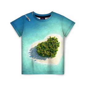 Детская футболка 3D с принтом Остров в Белгороде, 100% гипоаллергенный полиэфир | прямой крой, круглый вырез горловины, длина до линии бедер, чуть спущенное плечо, ткань немного тянется | вода | дерево | лето | море | океан | остров | пальмы | песок | сердечко | сердце | синий
