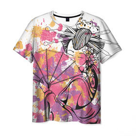 Мужская футболка 3D с принтом Гейша в Белгороде, 100% полиэфир | прямой крой, круглый вырез горловины, длина до линии бедер | веер | девушка | краски | рисунок | цвета | япония