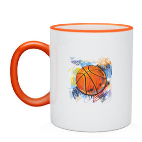 Кружка двухцветная с принтом Баскетбольный мяч в штрихах в Белгороде, керамика | объем — 330 мл, диаметр — 80 мм. Цветная ручка и кайма сверху, в некоторых цветах — вся внутренняя часть | баскетбол | стилизация | штрихи