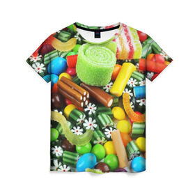 Женская футболка 3D с принтом Сладости в Белгороде, 100% полиэфир ( синтетическое хлопкоподобное полотно) | прямой крой, круглый вырез горловины, длина до линии бедер | вкуснотища | вкусняшки | глазурь | жевачка | карамель | карамельки | конфетки | конфеты | леденец | мармеладки | сахар | сладости